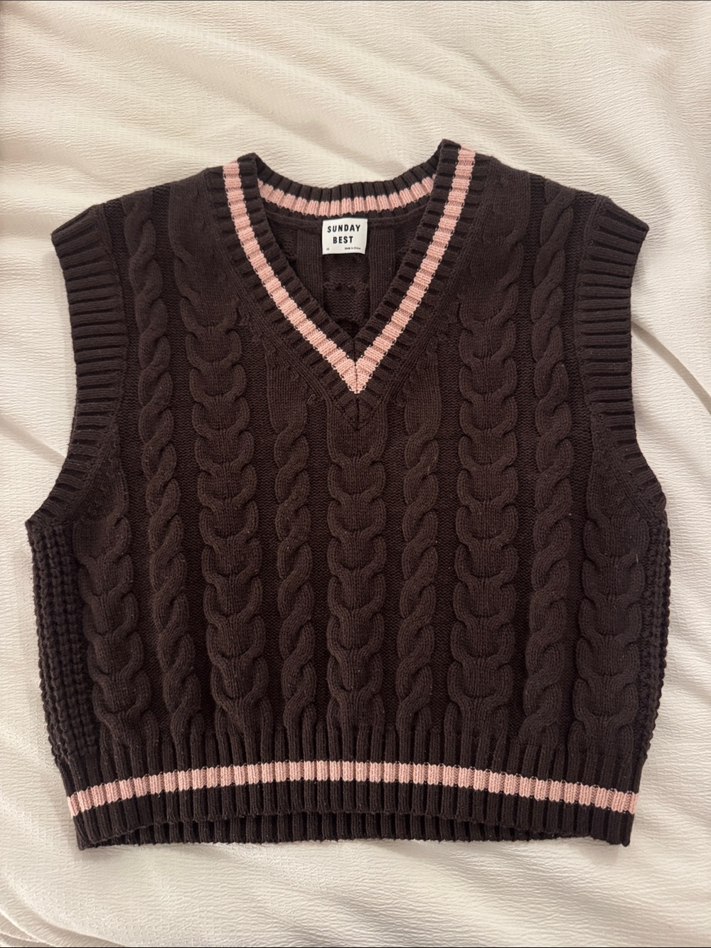 Sunday Best Women's Black Cable Knit V-Neck Sweater Vest with Pink Trim